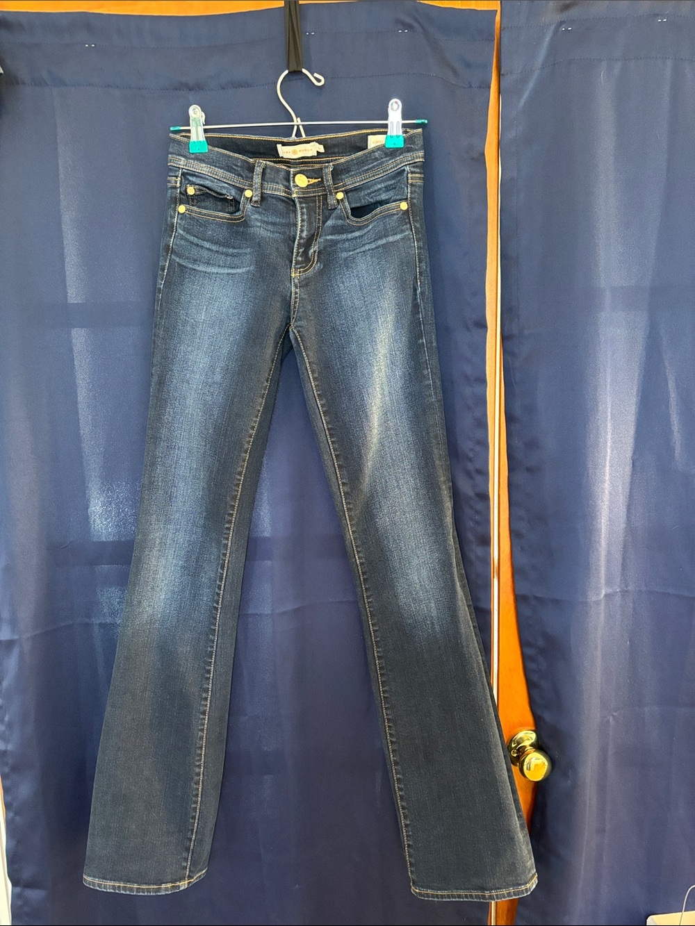 Tory Burch Classic Tory Boot Jeans in Dark Indigo with Gold Hardware size 24